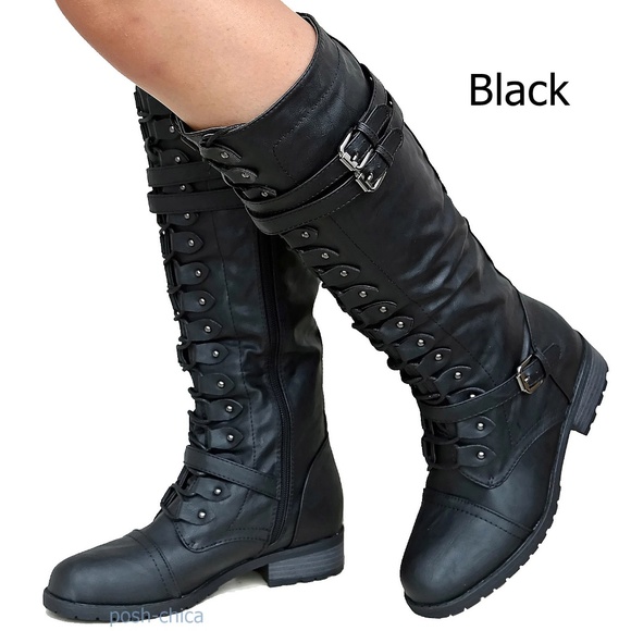 New Black Lace Up Combat Military Riding Boots - Picture 2 of 4